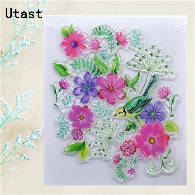 Прозрачные силиконовые штампы с цветущими цветами и птицами/прозрачные