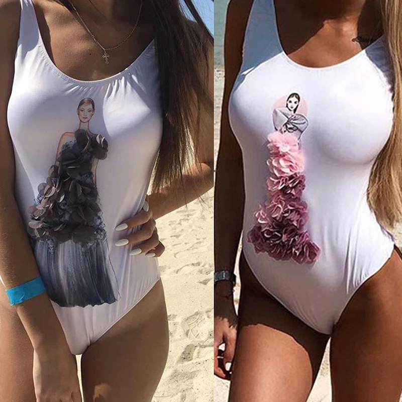 Винтажное бикини с цветами 2019 белый купальник цельный женский Монокини