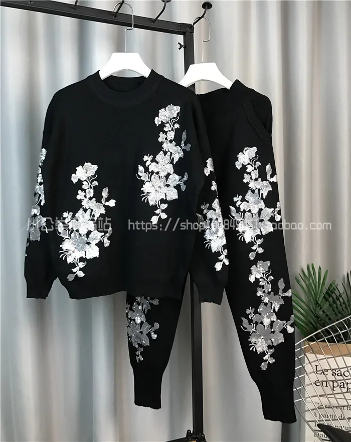 2018 осенне-зимний женский трикотажный костюм со штанами Повседневный свитер с