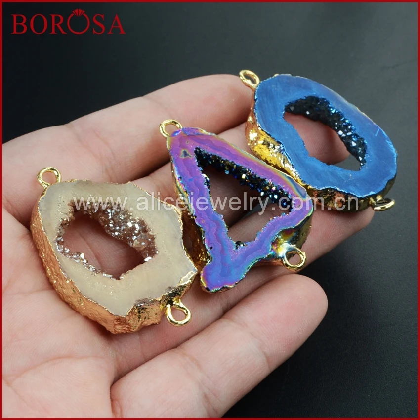 BOROS 10 шт. Золотая радужная кулон из титана Agates Druzy Slice Коннектор с двойным