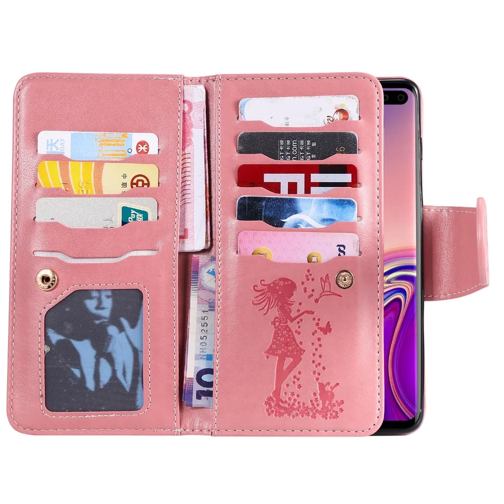 Card Slot Mirror Beautiful girl and cute cat case for Samsung Galaxy S10 plus Leather Beauty Female Handbag phone cases Coque |