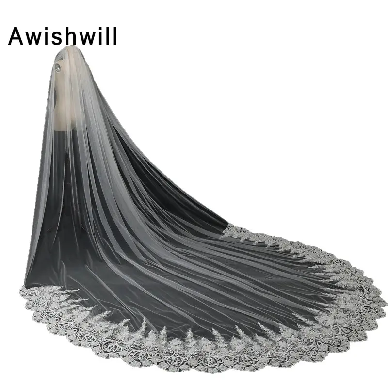 100% настоящая фотография один слой кружевная кромка с расческой Длинная фата для