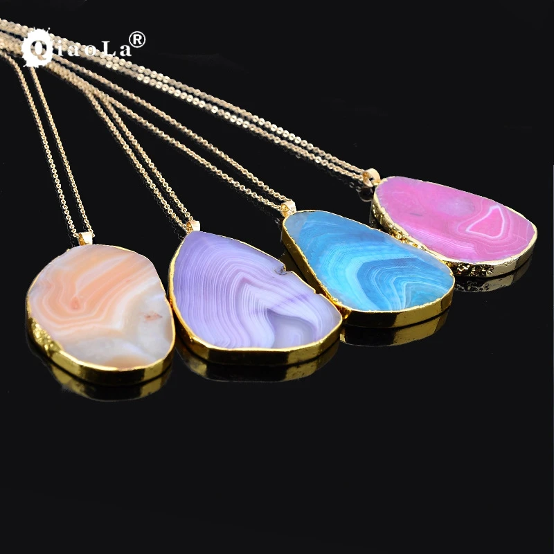 1 Шт. Позолоченные Цепи Ожерелье Красочные Бразильский Агат Нерегулярные Кварц