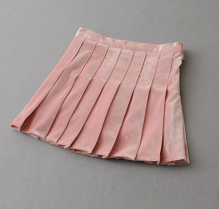 Pink Новинка; сезон весна-осень; женские плиссированные юбки; однотонные бархатные юбки с высокой талией для девочек - Цвет: Pink