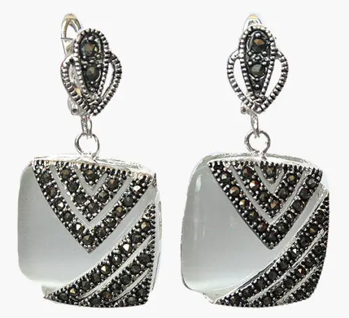

Fancy lady's 925 Silver Hook clear opal Marcasite Square Earrings 1"