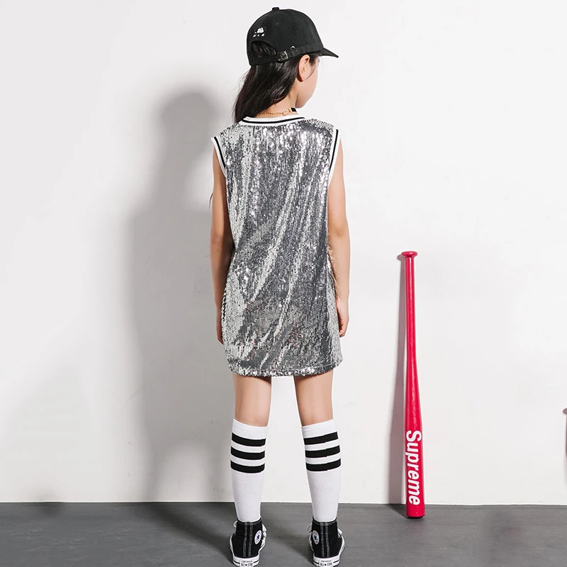 Танцевальные костюмы в стиле хип хоп для девочек цвет красный серебристый платье