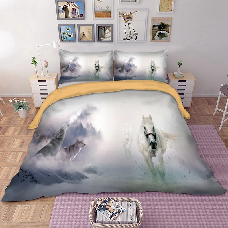Black Horse Wolf Printed Bedding Set Twin Full Queen King Duvet Cover Single Double Size Bedclothes For Children Kid Adult | Дом и сад