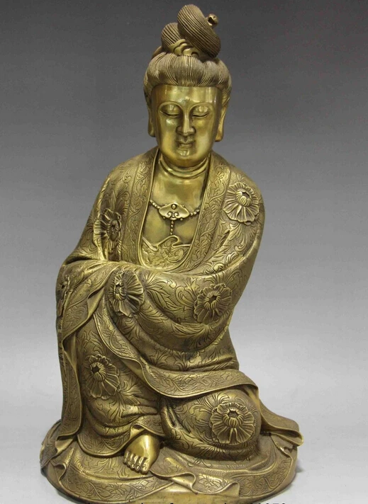 Китайский народный латунный медный Гуань Инь боддхисаттва богиня Хризантема -