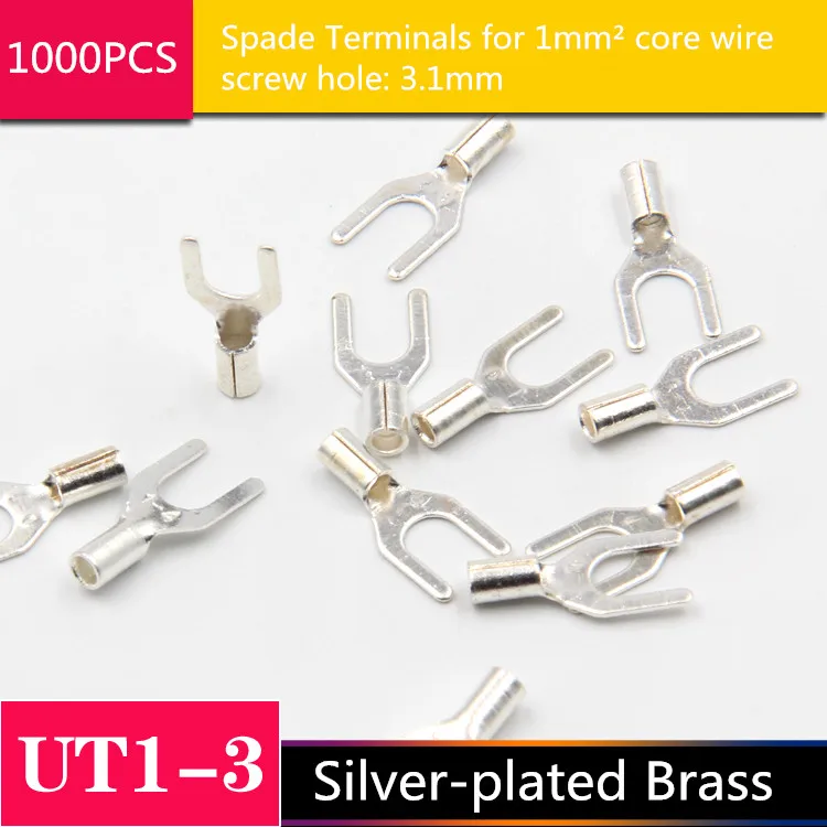 

1000PCS YT1874 UT1-3 Spade Terminals Cold - Press Terminal For 1 mm2 wire Silver-plated Brass screw hole 3.1mm