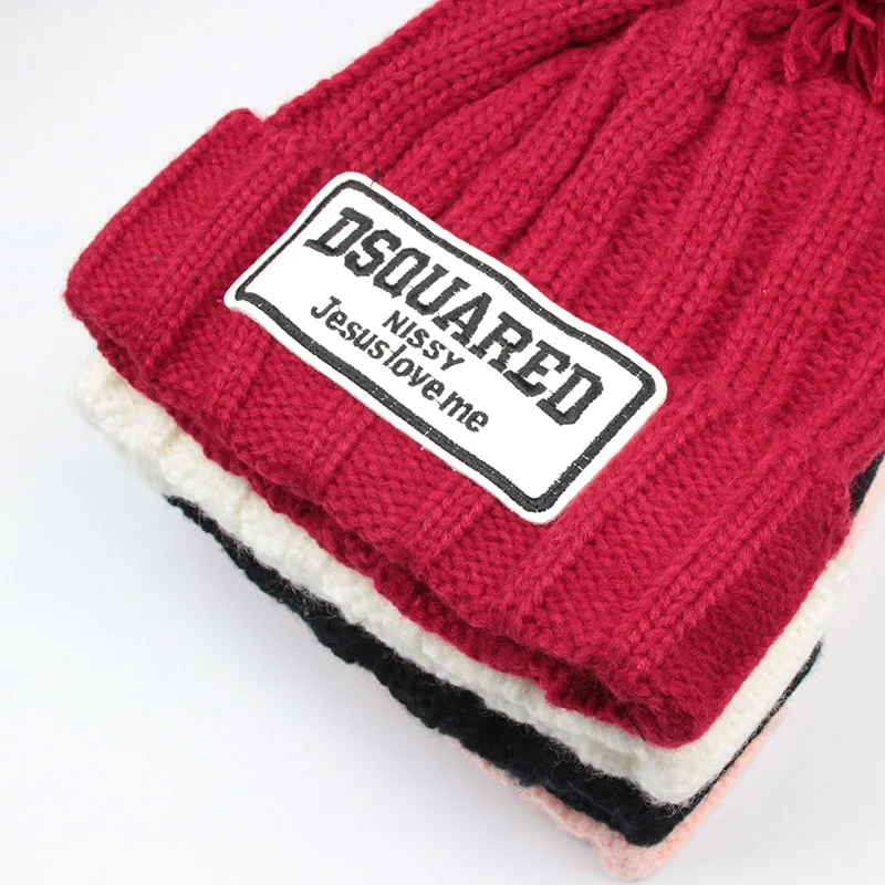 Зимние Модные шапки для женщин Pom Beanies Толстая вязаная шапочка Шерсть Bobble мяч