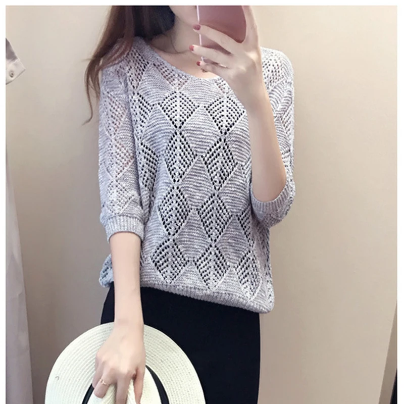 Women Fashion Crocheted Summer Pullover Mesh Knitted Beige Jumper Sweater Tops Pull Clothing Thin Jumpers New Arrival | Женская одежда