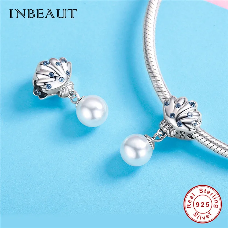 INBEAUT 100% реальные 925 Серебряные синие CZ ракушки жемчужные бусины подходят для