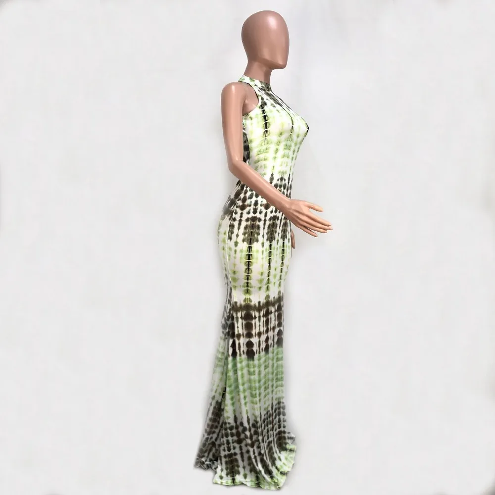 Женское платье с лямкой на шее повседневное длинное без рукавов принтом в