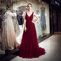 janevini 2019 beading burgundy prom dresses long luxury v neck tulle women evening gowns a line gala party dress vestido baile