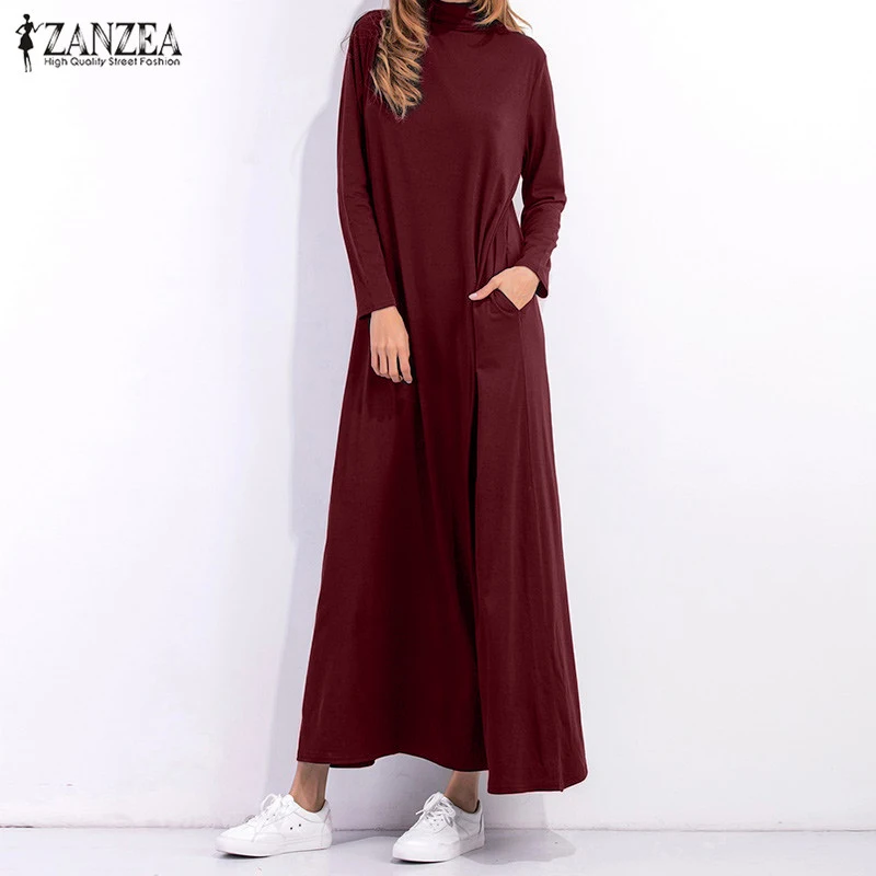 Wine Red ZANZEA женское Макси длинное платье осеннее Ovei размер d Водолазка с длинным рукавом однотонное повседневное свободное платье размера плюс Vestidos S-5XL - Цвет: Wine Red
