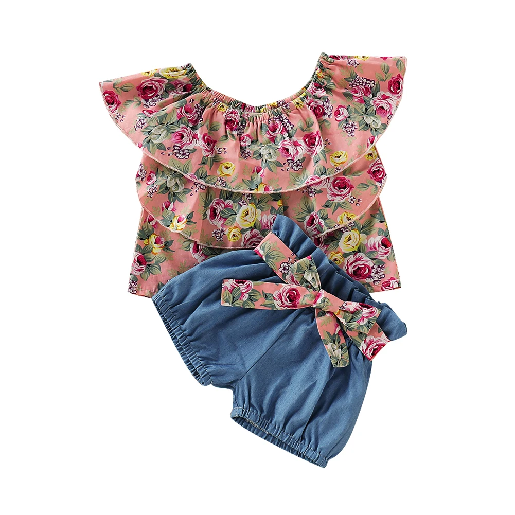 Emmababy Baby Girls Clothes Summer Toddler Infant Kids Floral Pink Tops Blue Shorts Outfits Set | Детская одежда и обувь