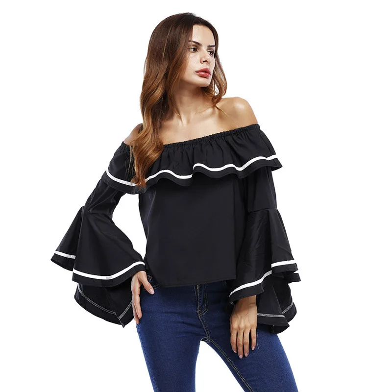 

2019 Women Sexy Ruffle T Shirt Summer Slash Neck Off Shoulder Long Flare Sleeve Casual Top Shirt Black Stripe Party Blusas