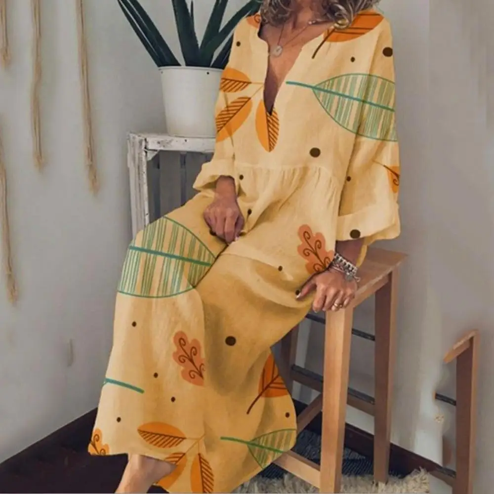 Плюс Размеры Для женщин лист с принтом летнее платье Повседневное свободные