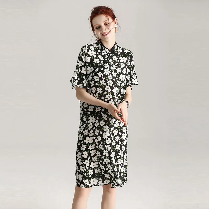 Женское платье Qipao летнее из 100% натурального шелка с цветочным принтом и