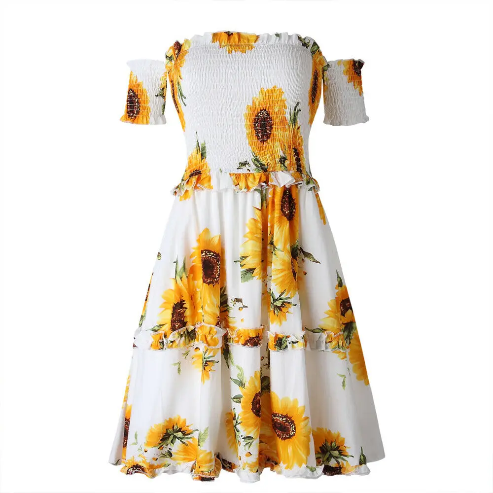 Летнее женское мини платье с принтом подсолнухов шифоновое оборками и коротким