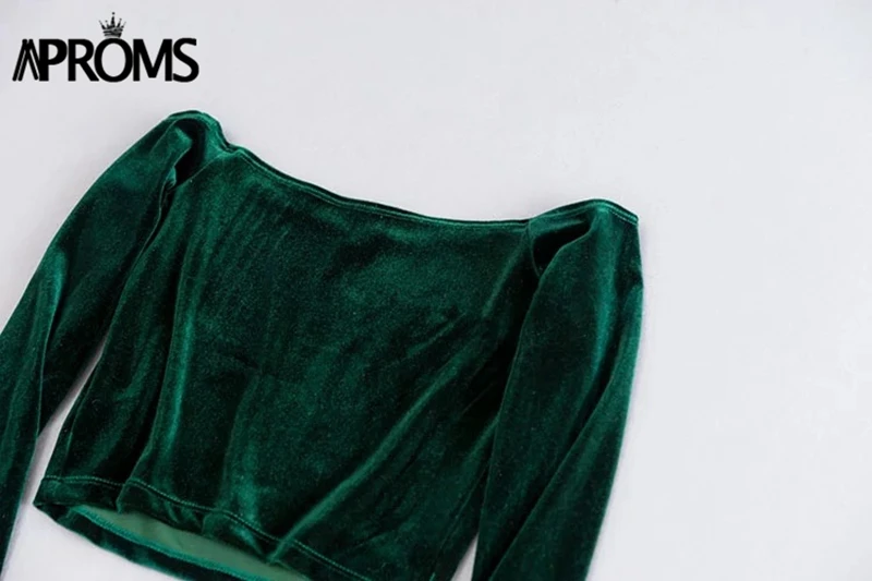 Aproms Элегантный с плеча Velvet Crop Top Для женщин Мода стрейч Майка укороченная женские осенние мягкие майки Tee