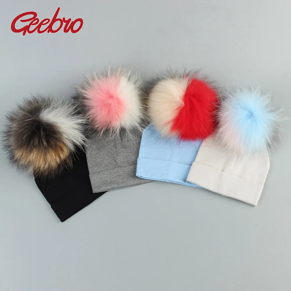 

Geebro Baby Cotton Beanies Hats With 3 Tone Color Patchwork Raccoon Pompom For Newborn Girls Boys Kids Plain Cotton Skullies Hat