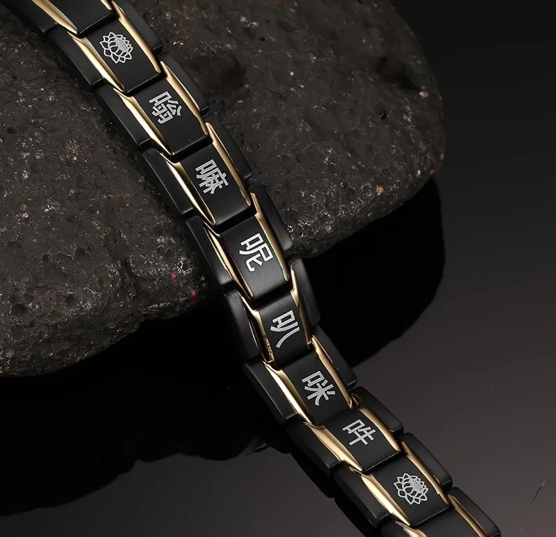 Men's New Arrival High Quality Black Gold 316L stainless steel Buddhist religious Health magnet Stone Link Chain Bracelet | Украшения и