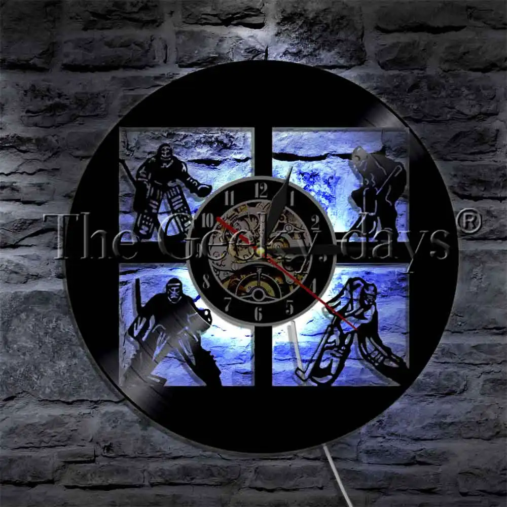 Best Buz hokeyi spor öğesi LED ışık vinil kayıt duvar saati oyuncular kaleciler hokey sopası Modern duvar lambası