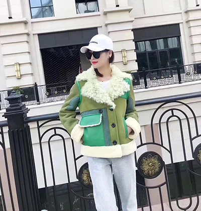 green Новинка, зимняя куртка, пальто для женщин, Натуральная овечья кожа, кожаная куртка, двусторонний мех с мехом ягненка, меховой воротник, шерстяная подкладка - Цвет: green
