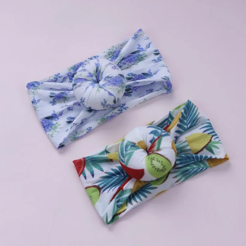 20pc/lot Floral Print Round Knot Nylon Headbands Kids Girls Bow Headband Children Donuts Wide Turban | Аксессуары для одежды
