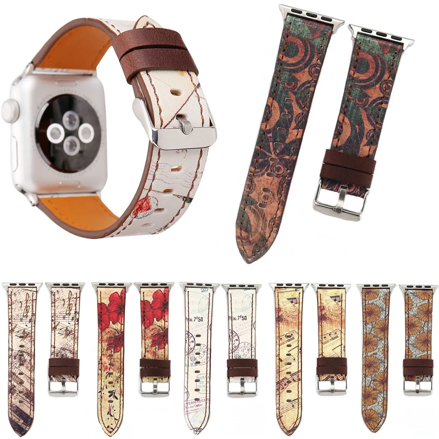 Кожаный ремешок для часов Apple Watch Series 5 4 3 2 1 с винтажным цветочным рисунком