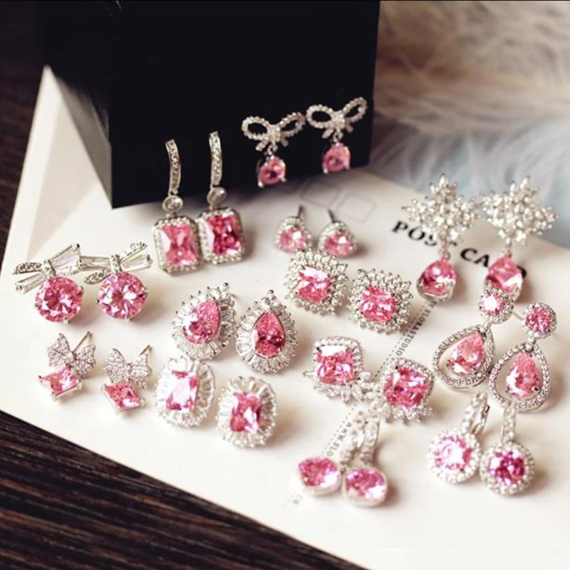 Модный розовый циркон любящее сердце серьги гвоздики с бантом цветок Роза