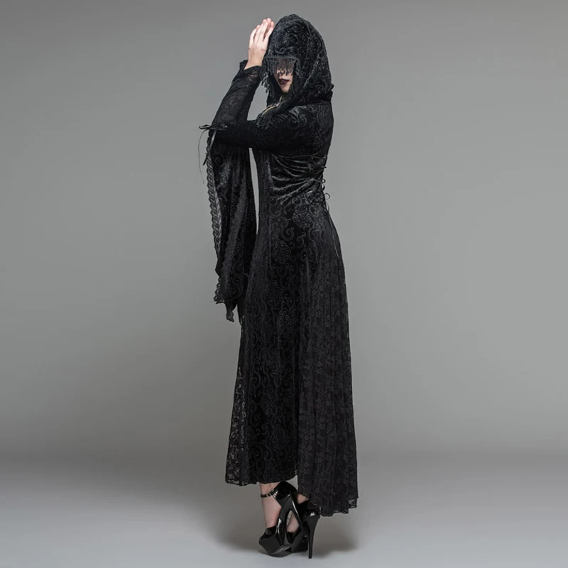 Женское повседневное длинное пальто Devil черное готическое с капюшоном и