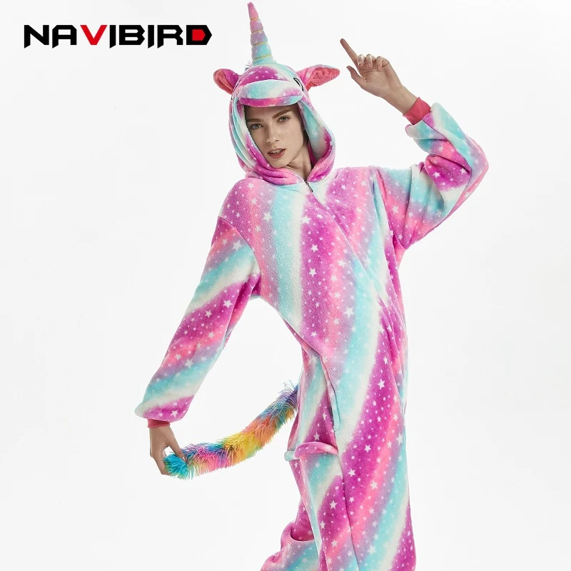 Glaxy Единорог кигуруми зима розовый полосатый Onesie для взрослых женщин мультфильм