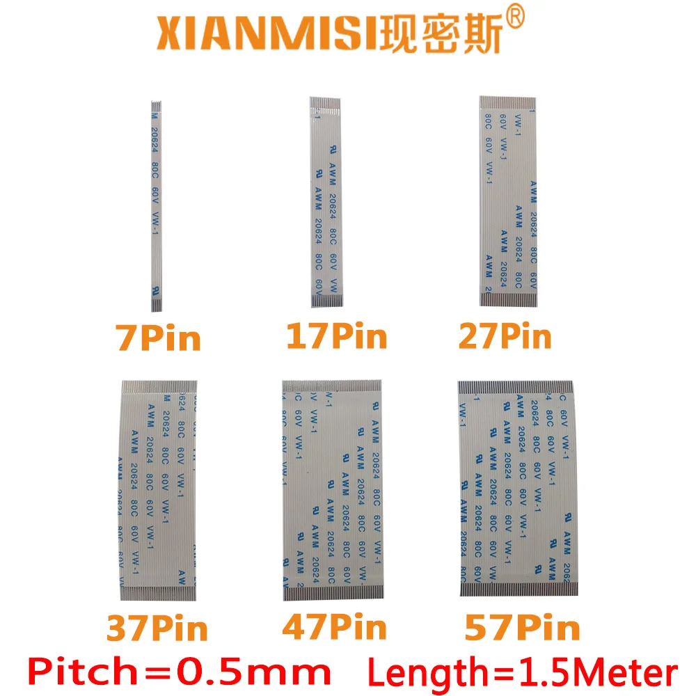 

FFC/FPC Flat Flex Cable 7Pin 17Pin 27Pin 37Pin 47Pin 57Pin Same Side 0.5mm Pitch AWM VW 20624 20798 80C 60V Length 1.5Meter 5PCS
