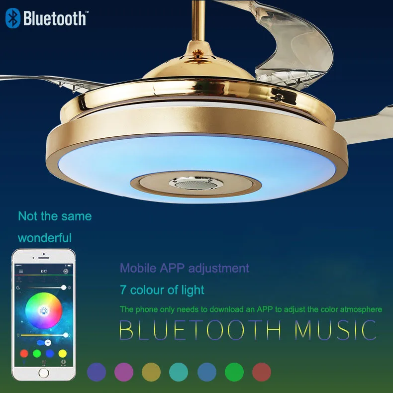 Светодиодный светильник с Bluetooth и музыкальным вентилятором, ультра-тихий, интеллектуальный, с дистанционным управлением, телескопический потолочный вентилятор, светильник для ресторана, гостиной