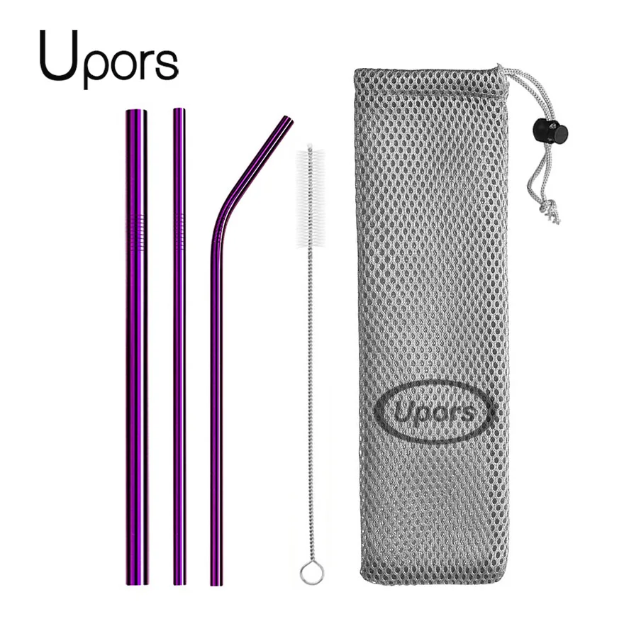 Purple UPORS 5 шт. 304 соломинка из нержавеющей стали многоразовые изогнутые металлические соломинки смузи Питьевая соломинка+ щетка для очистки/мешочек - Цвет: Purple