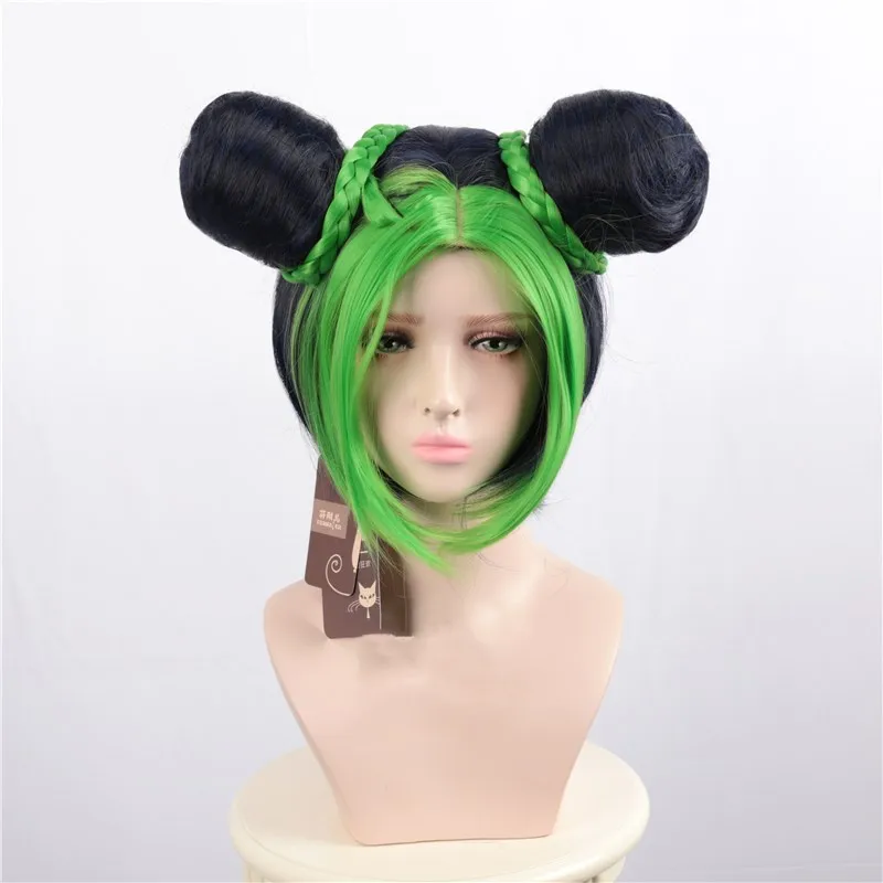 green Причудливые приключения Джоджо Jolyne Cujoh Kujo косплей парик зеленый булочки косы красный желтый синий парик JoJo no Kimyou na Bouken Синтетический - Color: green