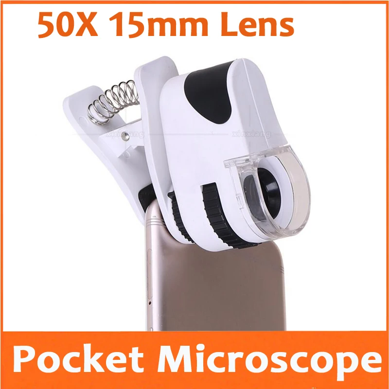 

50X 15mm Focus LED Illuminated Cellphone Microscope USB Rechargeable Magnifier Jewelry Appraisal Loupe with Mobile Phone Clip