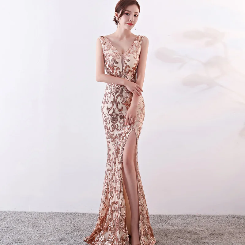 Сексуальное длинное вечернее платье макси с v образным вырезом и блестками