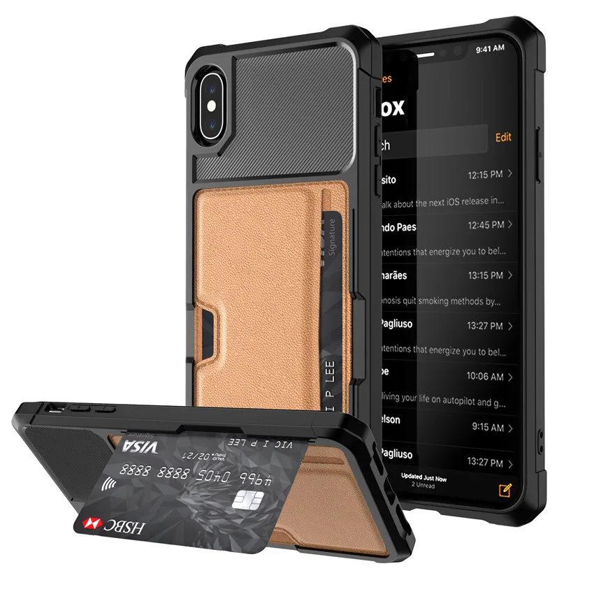 Роскошные кожаные карты бумажник чехол для iPhone Xs Max плюс Xr X 8 7 6 Plus стенд Гибридный Силиконовый Бампер Тонкий мягкая задняя крышка - Цвет: Brown