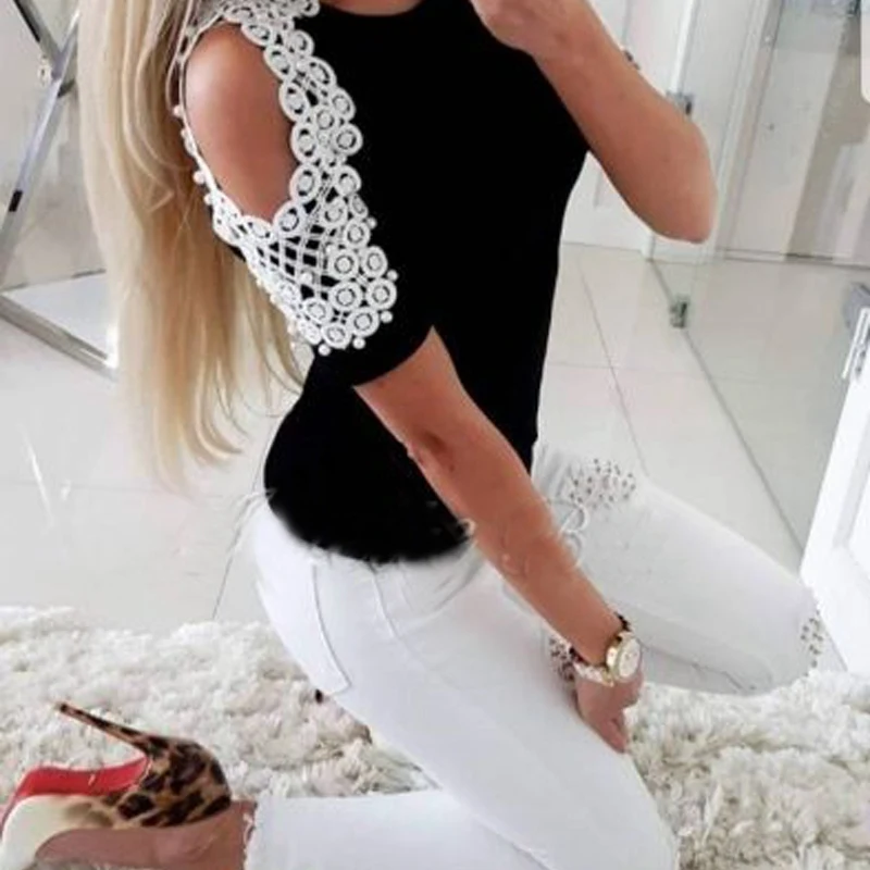 Женская летняя кружевная рубашка с коротким рукавом Повседневные базовые Топы