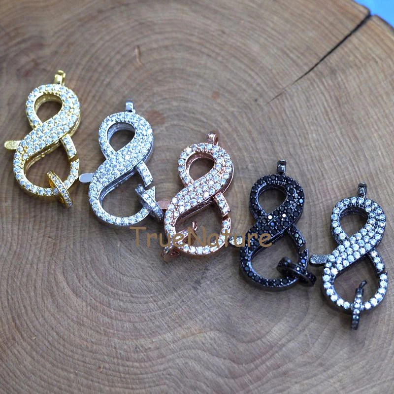 Clear CZ Paved Lobster Clasp, Pave Claw Clasp, Metal Electroplated Infinity Shape Jewelry Findings In 30*15 mm FC7464