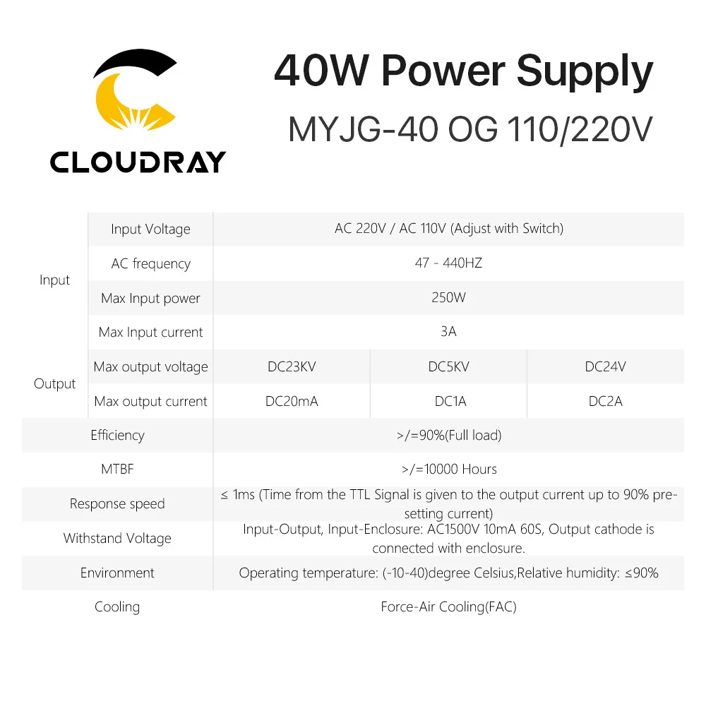 Источник питания 40Вт для CO2 лазера, MYJG 40Вт 110B/ 220В от Cloudray для лазерной трубки, гравировального, металлорежущего станка