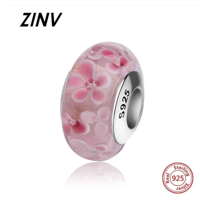 ZINV зеленый муранское стекло талисманы Серебро 925 бусины с лепестком цветка fit