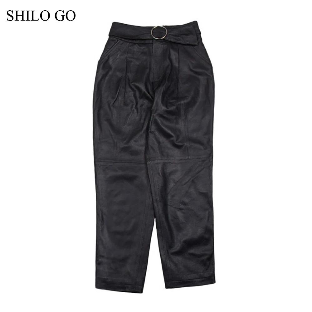 SHILO GO кожаные брюки женские осенние модные овчины Натуральная кожа брюки Круглый Металл стрейч черные с высокой талией карандаш брюки