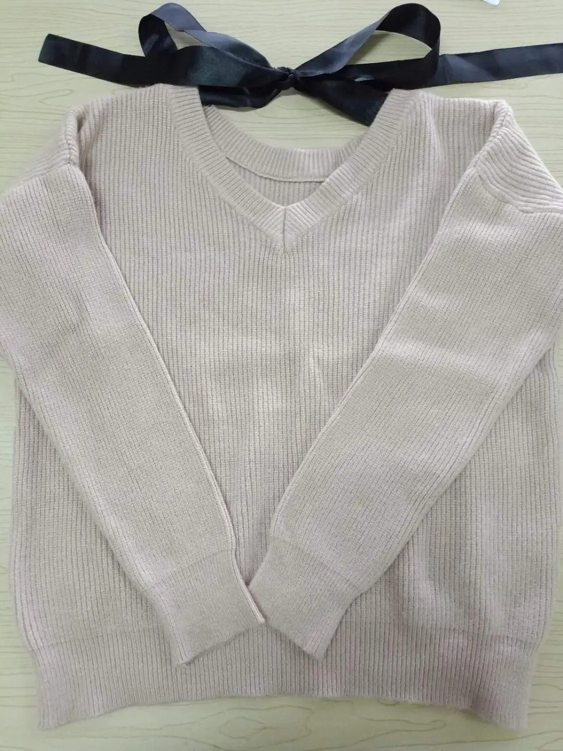 67861 beige sweater Neploe, новинка, Осень-зима, Однотонный женский свитер, бандаж, бант, v-образный вырез, пуловер, пэчворк, свободный, корейская мода, Sueter Mujer 67861 - Цвет: 67861 beige sweater