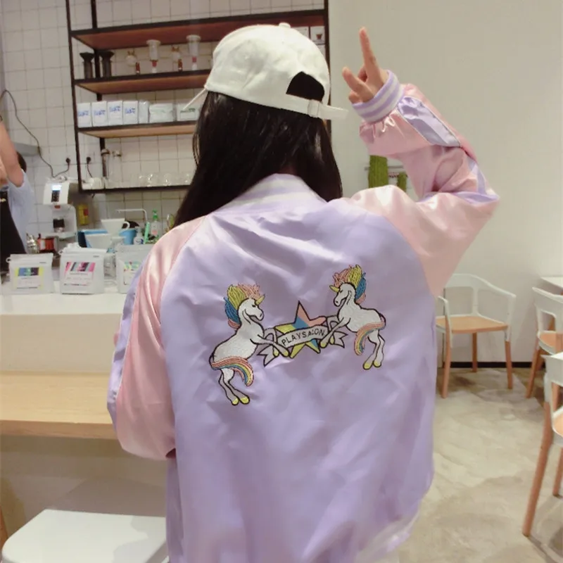 Harajuku единорог лошадь вышитые Йокосука обувь для девочек Атлас фиолетовый