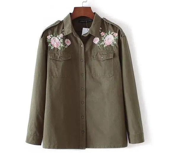 New 2017 Women Fashion Vintage Retro Epaulet flower embroidery patch designs army green Loose Blouse Brand Outwear Shirt Tops |