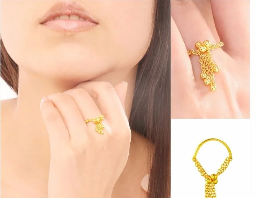 

Pure 24K Yellow Gold Ring / Craved Bless Tassel Women's Ring Us Size:6
